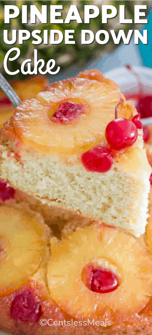 Pineapple upside down cake on a spatula with writing