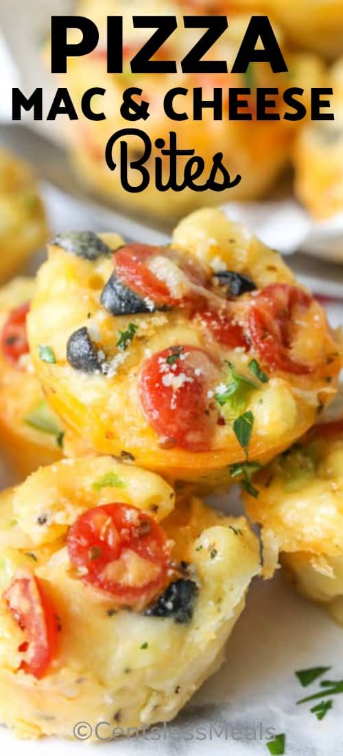 Pizza mac and cheese bites garnished with parsley with writing