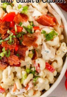 Ranch macaroni salad in a bowl with a title