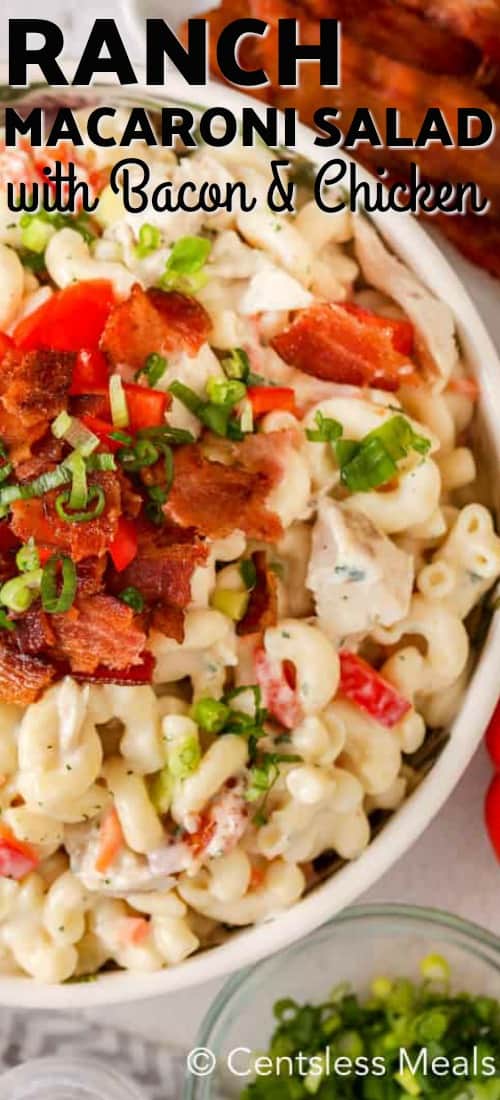 Ranch macaroni salad in a bowl with a title