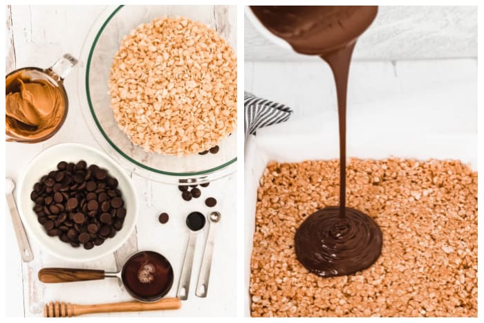 Ingredients for Peanut Butter Rice Krispie Treats on a marble board and chocolate pouring onto Rice Krispies