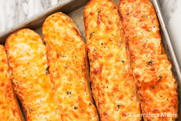 Cheesy bread on a sheet pan