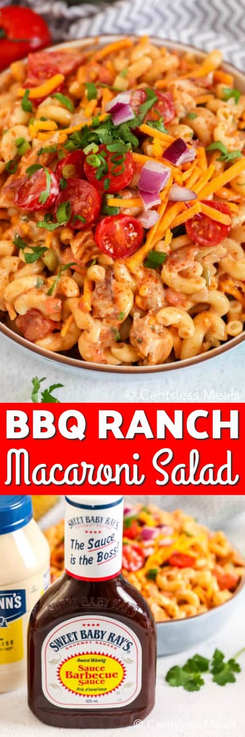 Barbecue chicken macaroni salad ingredients and barbecue chicken macaroni salad in a bowl with a title