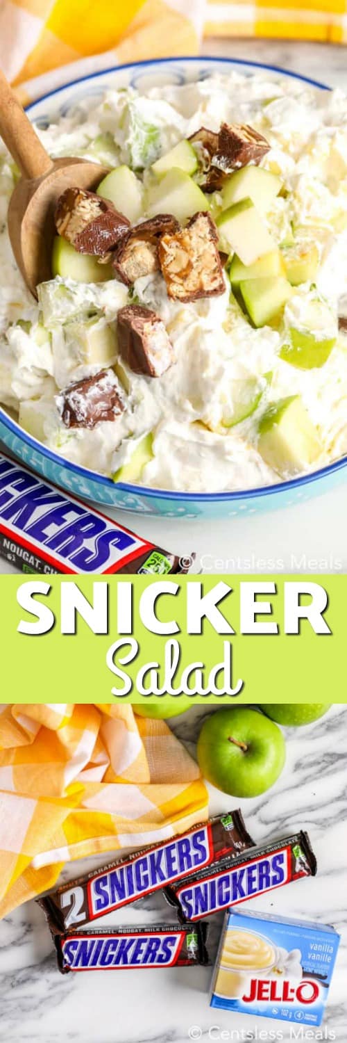 Ingredients for Snicker salad on a marble board and Snicker salad in a bowl with a wooden spoon and a title