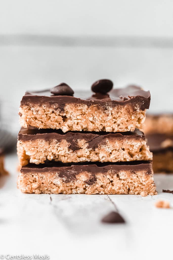 Stack of peanut butter rice krispie treats on a marble board