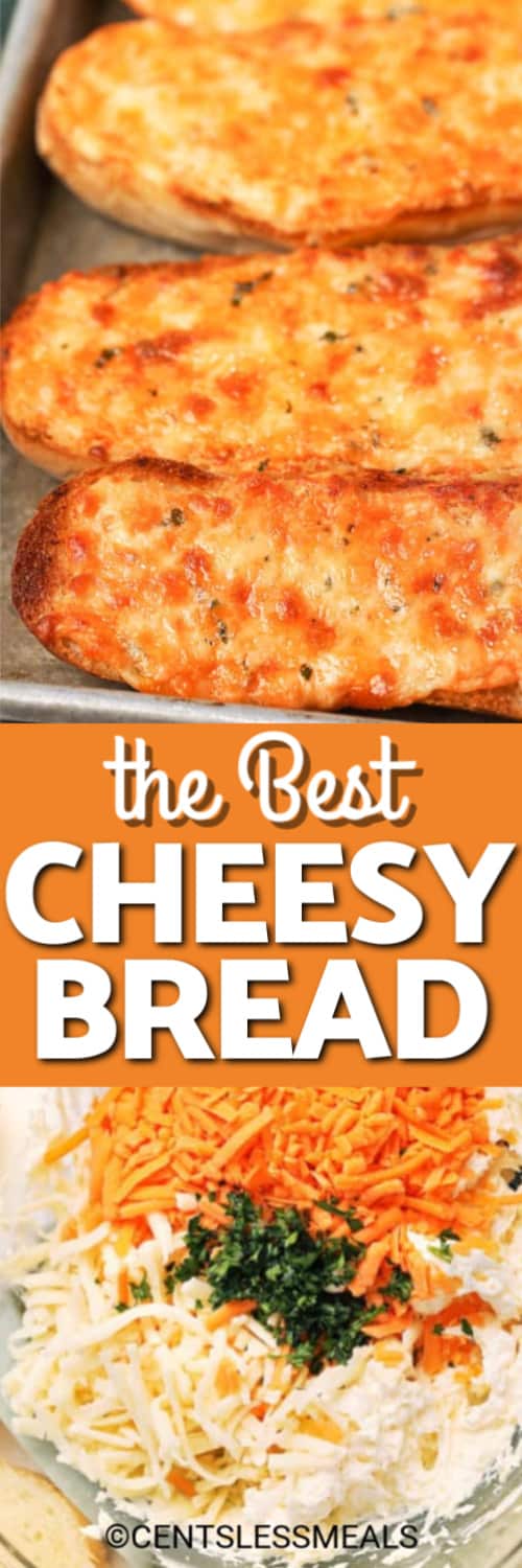 Ingredients for cheese mixture in a clear bowl and cheesy bread on a baking sheet with a title