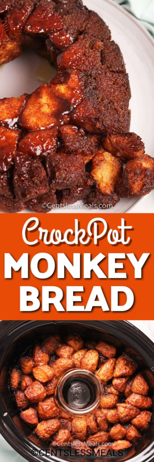 Crockpot Monkey bread in a crockpot with a mason jar and on a plate with a title