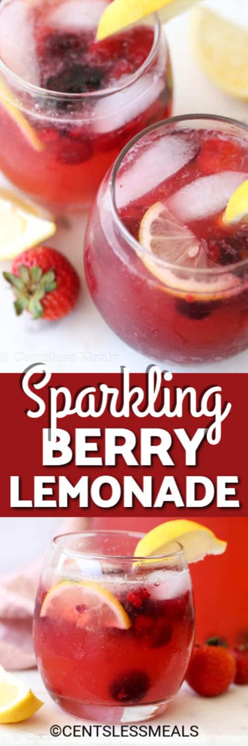 Sparkling Berry Lemonade in glasses with strawberries, lemons and ice as garnish with a title