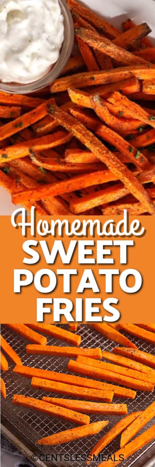 Raw sweet potato fries on a baking sheet and cooked Sweet Potato Fries on a plate with aioli and a title