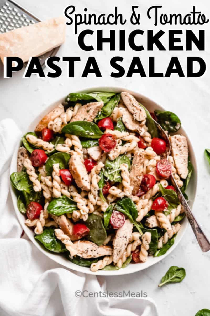 Chicken Pasta Salad in a bowl with a title