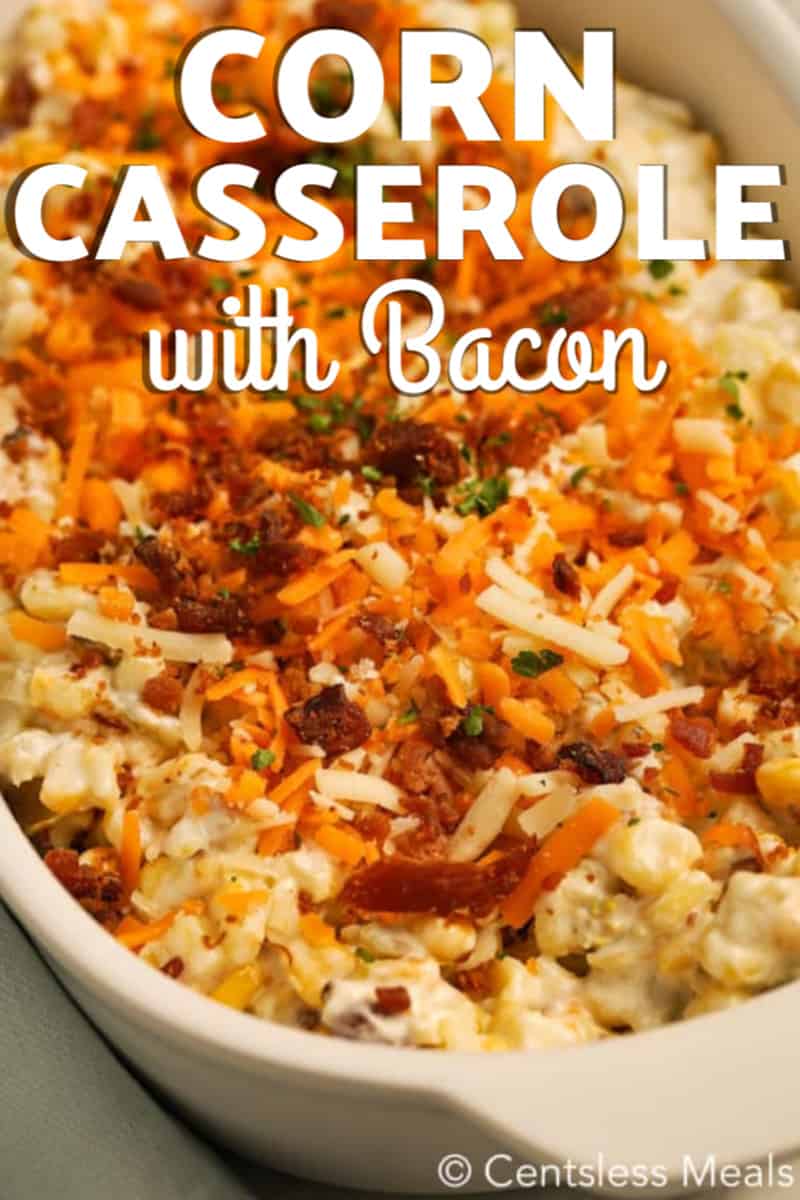 Raw corn casserole with bacon in a dish with writing