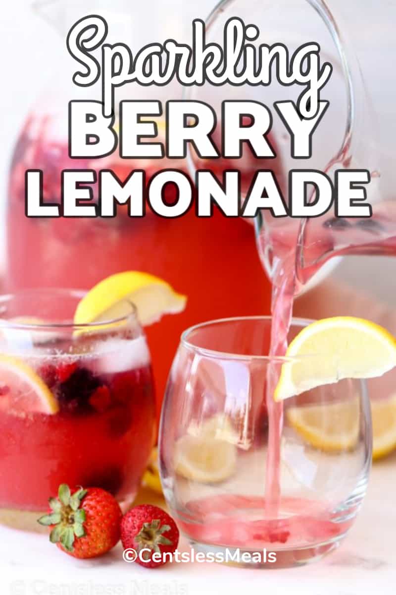 Sparkling Berry Lemonade in glasses with strawberries and lemons with a title