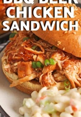 CrockPot BBQ Beer Chicken Sandwiches on a plate with a title