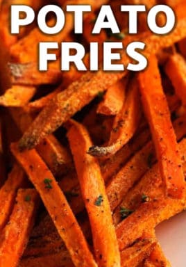 Sweet Potato Fries on a plate with a title