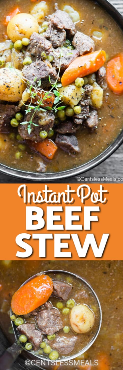 Instant Pot Beef Stew in a black serving bowl and also being served with a silver ladle.