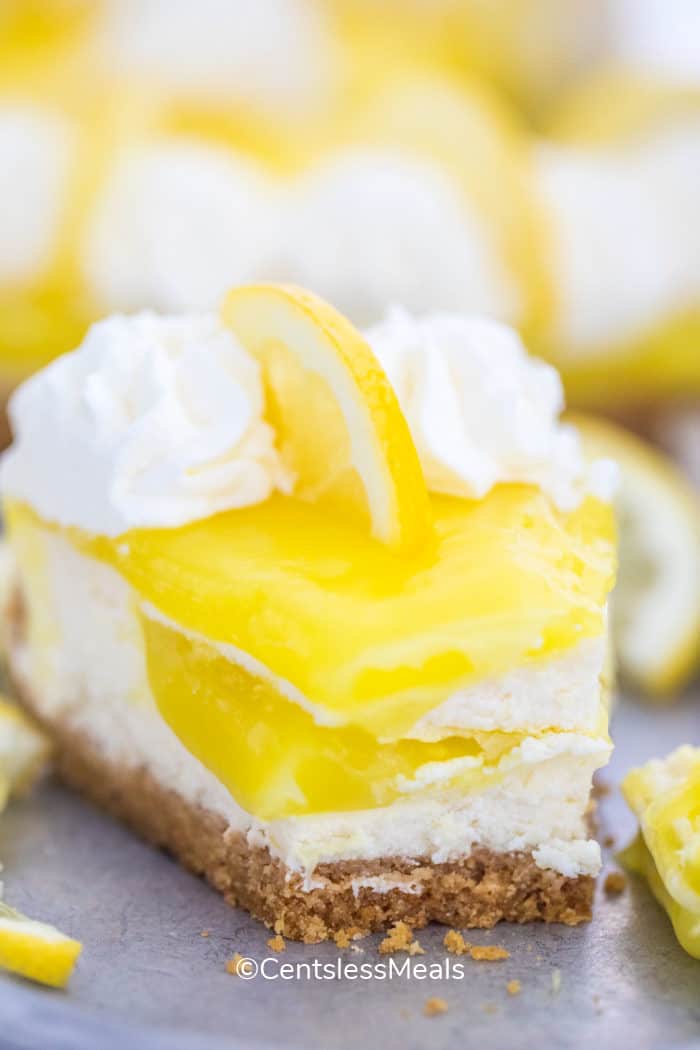 Lemon cheesecake with whipped cream and a slice of lemon