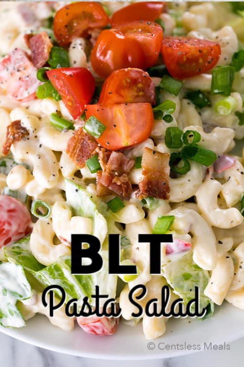 BLT Pasta Salad with macaroni, green onion, tomato, bacon and lettuce.