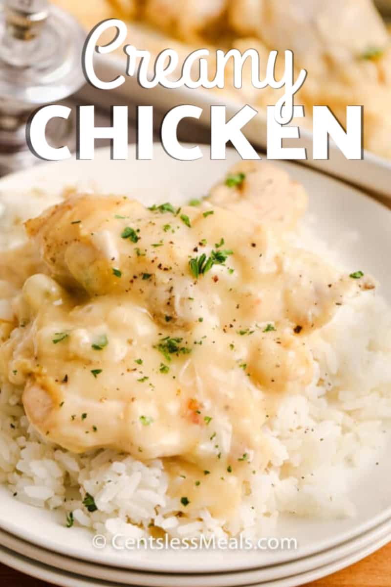 Creamy chicken with rice on a white plate garnished with parsley, with a title.