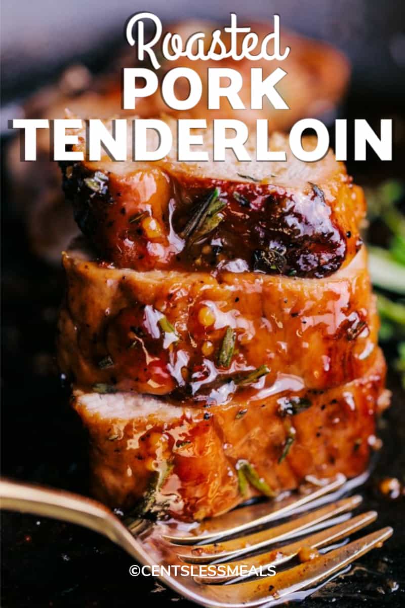 Slices of pork tenderloin stacked upon each other, with writing