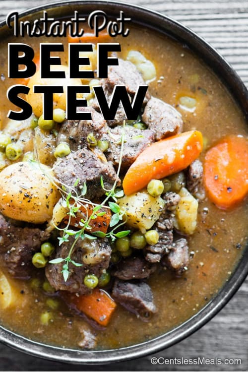 Instant Pot Beef Stew in a black serving bowl