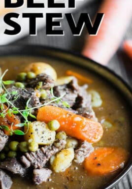 Instant Pot Beef Stew in a black serving bowl