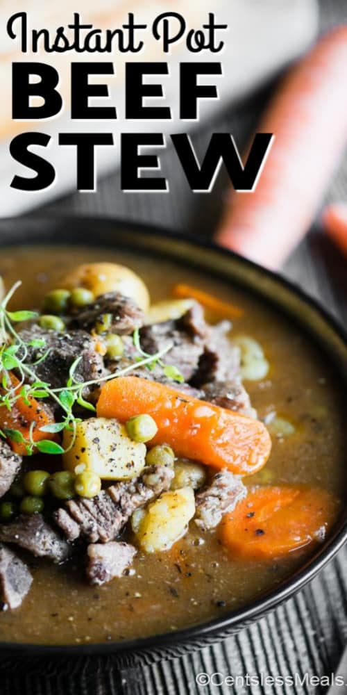 Instant Pot Beef Stew in a black serving bowl