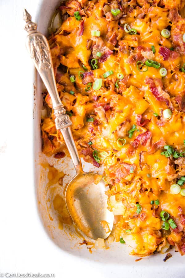 Close up of BBQ Chicken Bake Casserole with a scoop missing