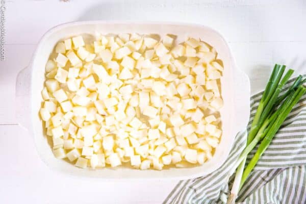 Simple potatoes diced potatoes in a casserole dish