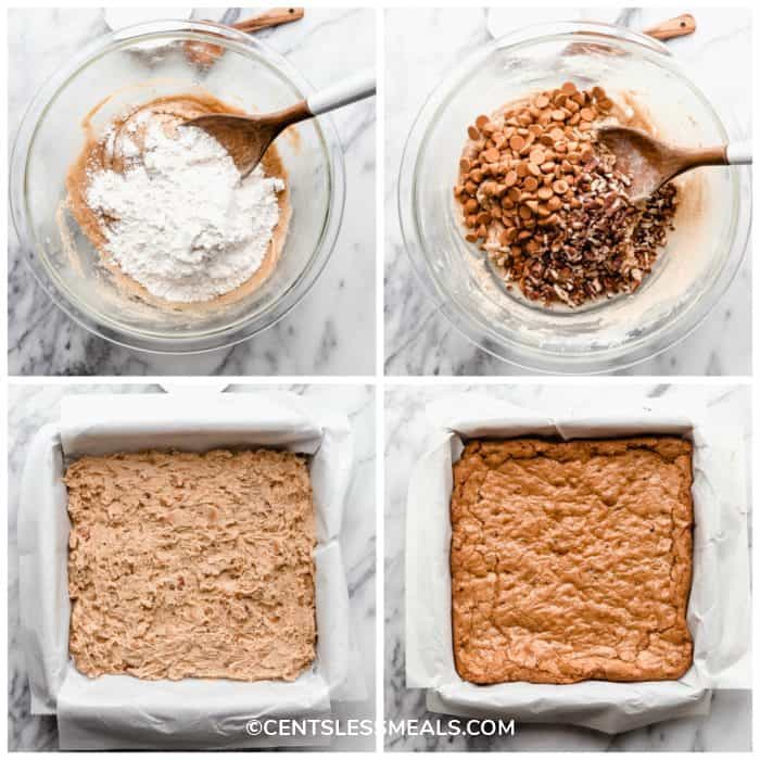 Four images showing the final steps in making butterscotch blondies. Clockwise from the top - flour and baking soda added to a clear bowl with wooden spoon for mixing; butterscotch chips and chopped pecans added to the clear glass bowl with wooden spoon for mixing; the batter in an 8x8 baking dish lined with white parchment paper; the blondies baked in the 8x8 baking dish