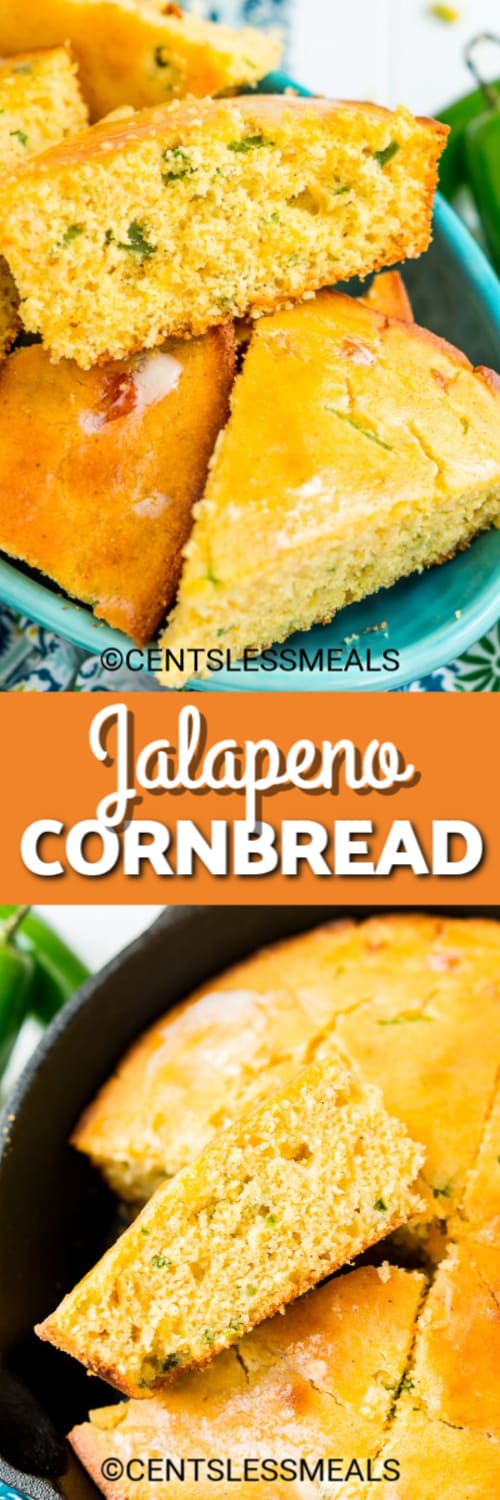 Jalapeño Cornbread wedges served in a blue serving dish and cornbread wedges cut out of a skillet under title