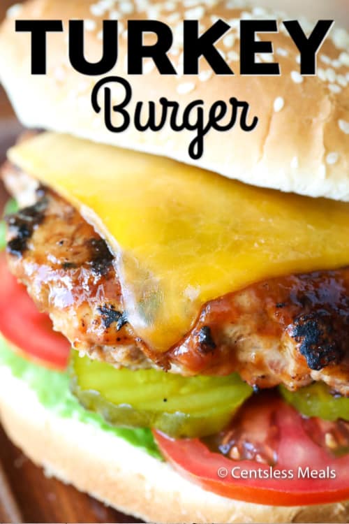 The Best Turkey Burger with lettuce, pickles, tomatoes and cheese with a title