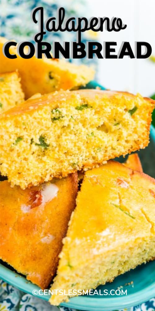 Jalapeño Cornbread wedges served in a blue serving dish with writing