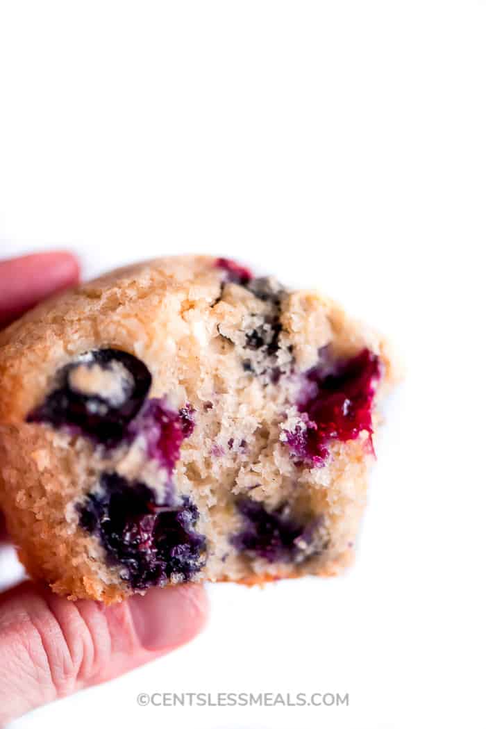One blueberry muffin with a bite taken out of it being held