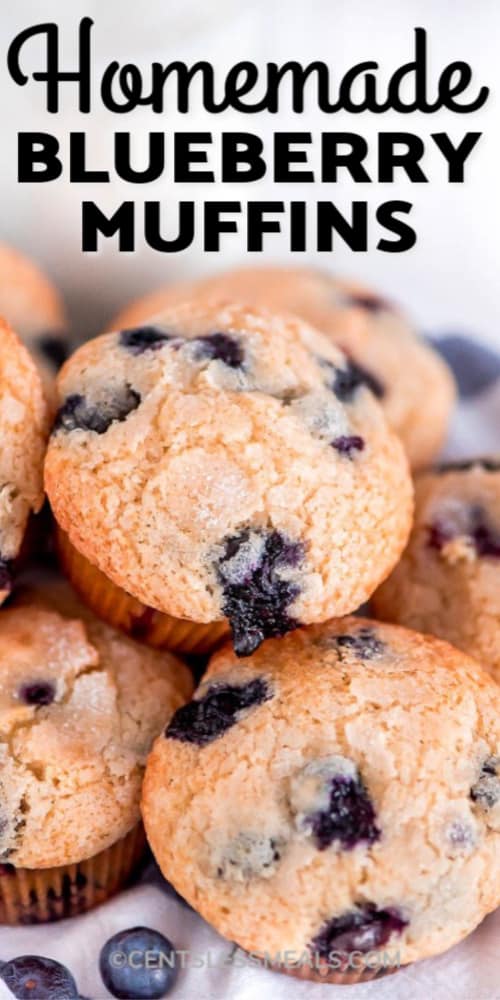 Blueberry Muffins piled together with writing
