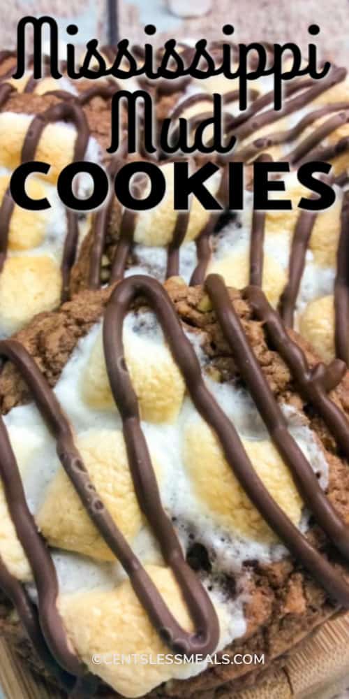 A pile of Mississippi Mud Cookies with a title.