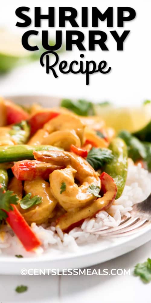 Coconut curry shrimp served over rice on a white plate, with a title