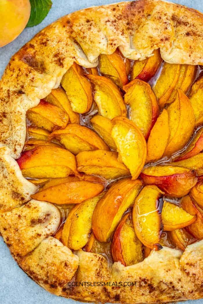 Baked Peach Galette on a serving tray.