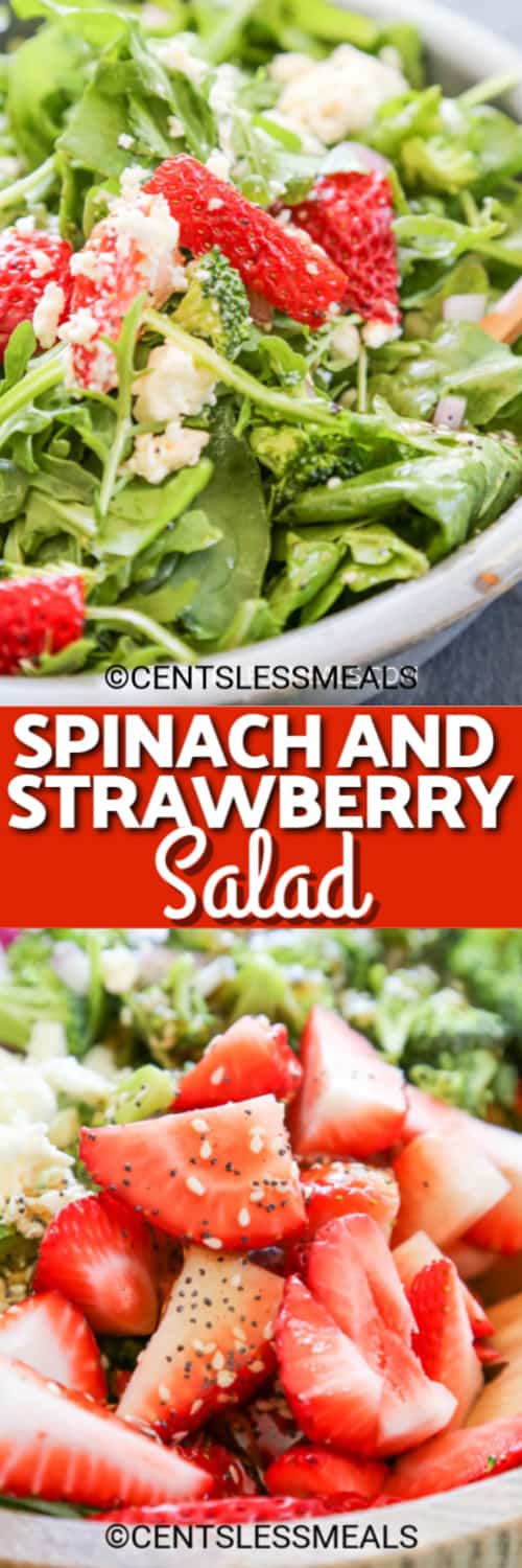 Spinach and strawberry salad in a bowl topped with cheese, and strawberries covered with vinaigrette dressing under the title.