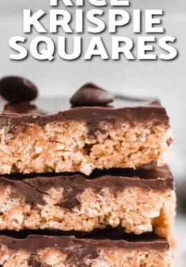 Three Peanut Butter Rice Krispie Treats stacked on top of each other with a title
