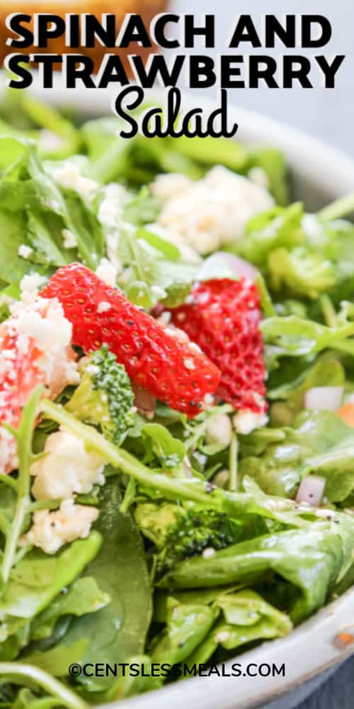 Spinach and strawberry salad in a bowl topped with cheese with writing.