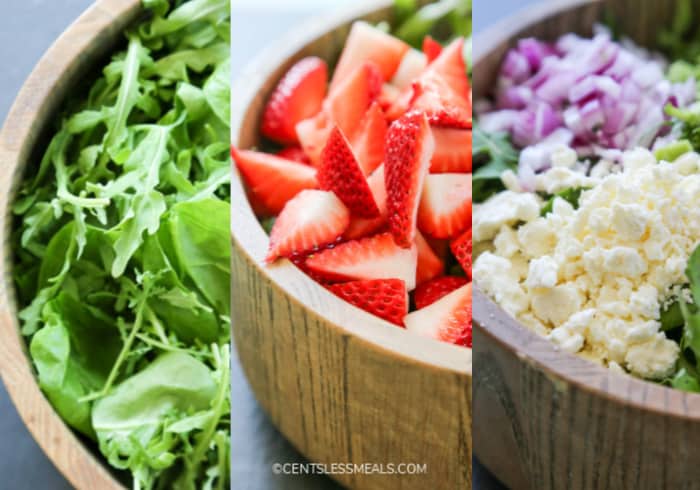 Images of greens, strawberries and feta cheese for spinach and strawberry salad