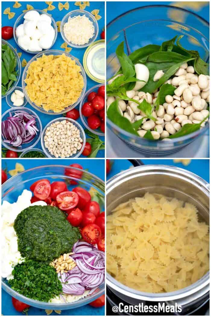How to make Caprese pasta salad steps in four photos.