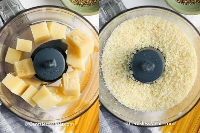 process of shredding cheese in food processor before making Cacio e Pepe