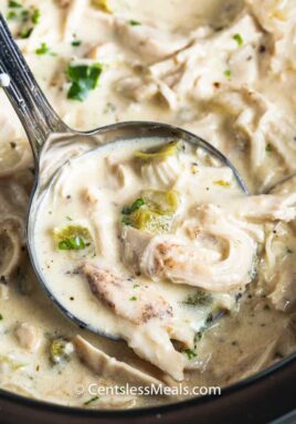 Creamy Crock Pot Chicken in a silver ladle