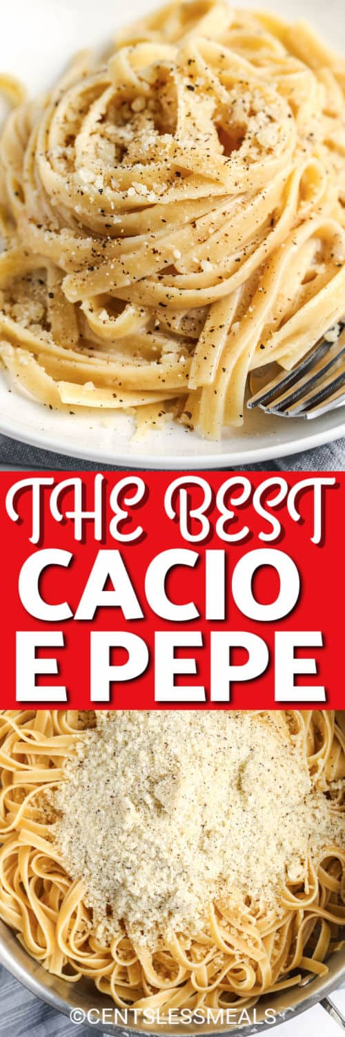 Cacio e Pepe before and after cooking with writing