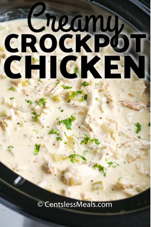 Crock Pot Chicken in a slow cooker with a title