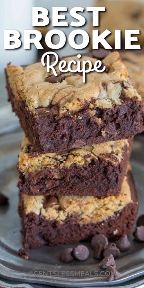 Three brookies on a plate with chocolate chips with a title.