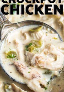 Creamy Crock Pot Chicken in a silver ladle with a title
