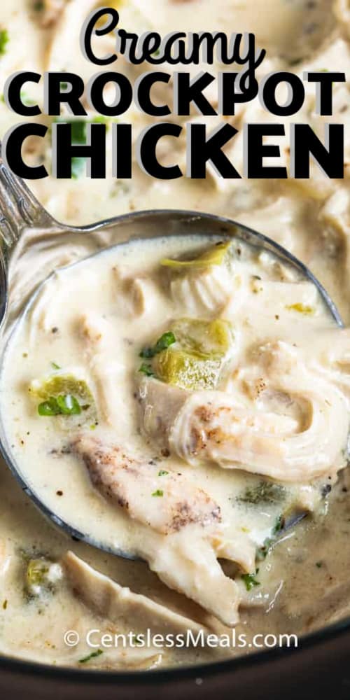 Creamy Crock Pot Chicken in a silver ladle with a title