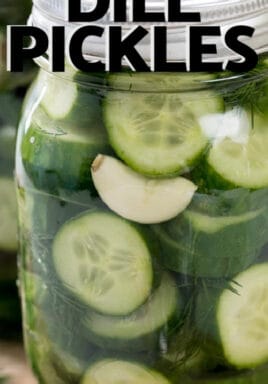 Refrigerator Dill Pickles in a mason jar with a title.